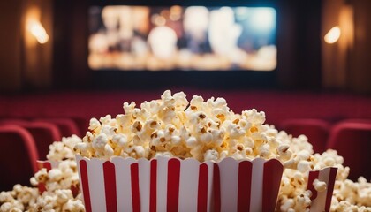 Spilled popcorn and paper bucket in red strip box, isolated background
