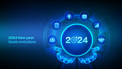 2024 New year Goals and plans icon in wireframe hands. Business plan and strategies. Goal acheiveement and success in 2024. Resolutions, plan, action, checklist concept. Vector illustration.