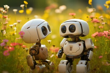 Robotic Friends Amidst Floral Bliss.