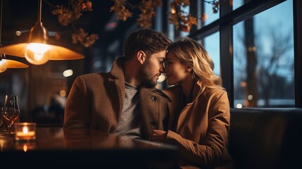 Obraz na płótnie Canvas Romantic couple in love in a restaurant, atmosphere of love. Generation AI