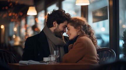 Romantic couple in love in a restaurant, atmosphere of love. Generation AI