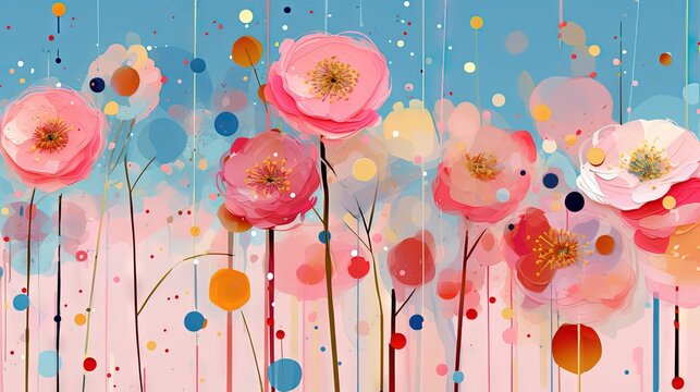 Pois multicolores et dorés, terrazzo, doodle, tampons et superpositions numériques florales, rayé, palette de couleurs audacieuses, emblématique, géométrique. IA générative, IA