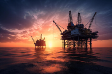 Fototapeta na wymiar Offshore oil and gas. Oil rig in sea on sunset, Crude Oil production, aerial view. Offshore drilling of extracting petroleum and natural gas from seabed. Mobile platform in ocean. Ai Generative