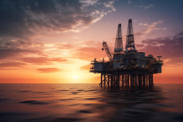 Offshore oil and gas. Oil rig in sea on sunset, Crude Oil production, aerial view. Offshore drilling of extracting petroleum and natural gas from seabed. Mobile platform in ocean. Ai Generative - obrazy, fototapety, plakaty