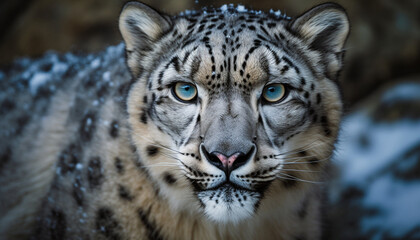 Endangered snow leopard stares, majestic beauty in nature wilderness generated by AI