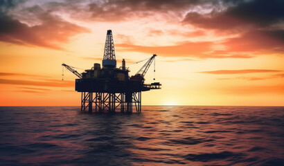 Offshore oil and gas. Oil rig in sea on sunset, Crude Oil production, aerial view. Offshore drilling of extracting petroleum and natural gas from seabed. Mobile platform in ocean. Ai Generative - obrazy, fototapety, plakaty