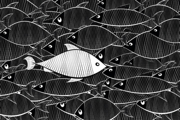 school of fish is the same black and one white against the current - abstract society, ordinary, vision be different, unique personality or standing out from the crowd, leadership quality