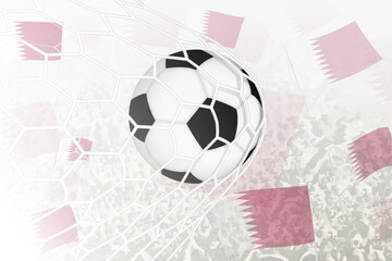 National Football team of Qatar scored goal. Ball in goal net, while football supporters are waving the Qatar flag in the background.