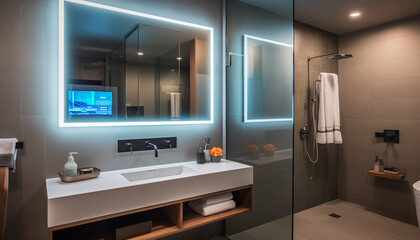 Fototapeta na wymiar Modern elegance in a clean, bright domestic bathroom with marble flooring generated by AI