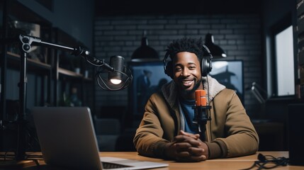 Black male influencer or content creator recording a video podcast or YouTube video. Speaking into camera generative ai.
