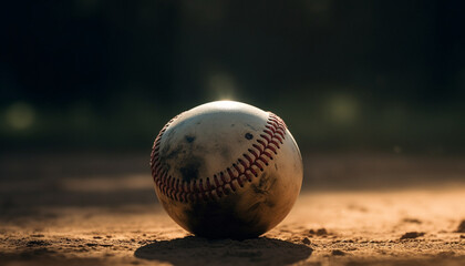 Fototapeta na wymiar Baseball bat hits ball, igniting flame in competitive sport dusk generated by AI