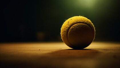 Yellow tennis ball competes on black background, motion blurred generated by AI