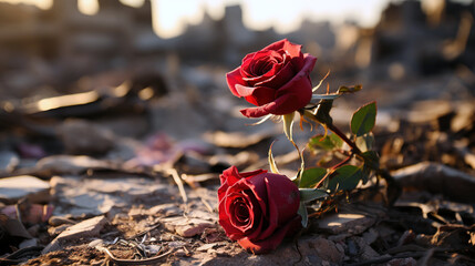 Red roses amidst ruins at sunset, generative ai - obrazy, fototapety, plakaty