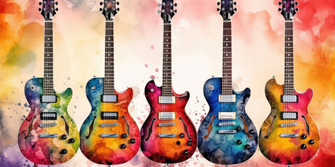 Watercolor drawing of electric guitars on display. Generative AI. - obrazy, fototapety, plakaty
