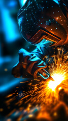 The welder is working at the metal factory. Yellow sparks fly to the sides.