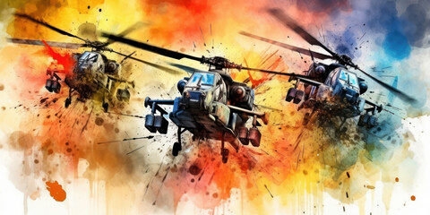 Watercolor drawing of combat helicopters in action. Generative AI.