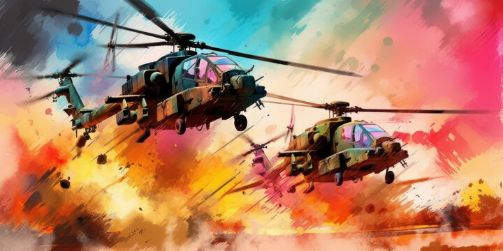 Watercolor drawing of combat helicopters in action. Generative AI.