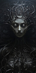 The woman amidst the cold, dark vines gazes impassively, dominated by deep shades.Generative Ai
