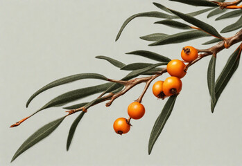 Orange sea buckthorn berries branch with copy space for text. Generative AI - obrazy, fototapety, plakaty