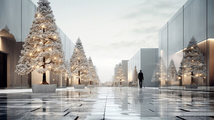 Modern city with Christmas Tree and decorations. Minimalism inspiration, empty by space