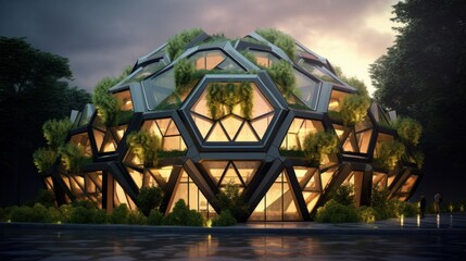 A moduled Glazing building facade inspired by a geodesic structure. Concrete. Biomimicry. Plants. Green facades. Organic. Volumetric light. Urban environment. Sustainable - obrazy, fototapety, plakaty