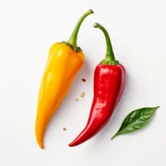Fotobehang red hot chili peppers on white, mix chilli and mango on white background © Kholoud