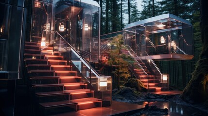 Fototapeta na wymiar Japanese boutique capsule hotel in the mountains, modern, glass walls, grand staircase, unique angles, epic lighting, ultradetailed, dslr, futuristic, nikon d750, lomo