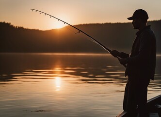 man fishing from a boat with a fishing rod, calm lake, sunset, silhouette

