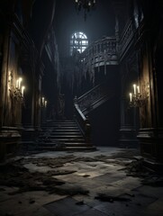 Gothic creepy room with vintage staircase in haunted castle. AI - obrazy, fototapety, plakaty