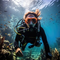 Skilled female diver gracefully explores the underwater world