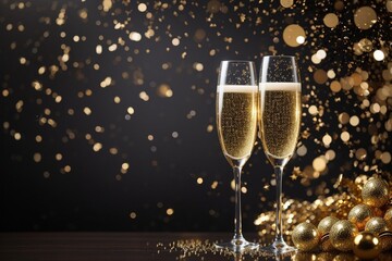 New Year Celebration Champagne Glasses and Winter Background. Vector Background, Christmas