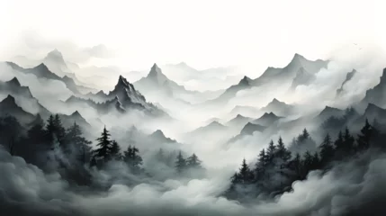 Poster watercolor mountains covered with fog on white background. © kitti