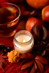 Obraz na płótnie Canvas Cup of tea, candle, autumn fruits on the table. Autumn Evening Mood