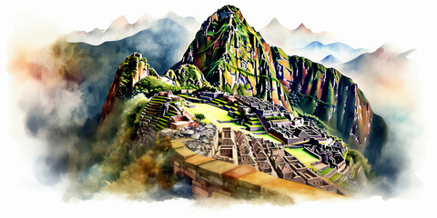 Watercolor drawing of the Lost City of Machu Picchu. Generative AI. - obrazy, fototapety, plakaty