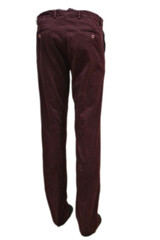 back of men's burgundy cotton trousers made by hand on an isolated background