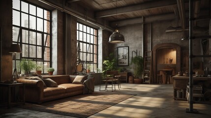 Fototapeta na wymiar Living room interior in loft, industrial style, 3d render. Decor concept. Real estate concept. Art concept.