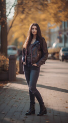 Young beautiful woman with long dark hairs wearing skinny jeans and leather jacket standing full length on the autumn street