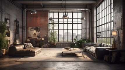Living room interior in loft, industrial style, 3d render. Decor concept. Real estate concept. Art concept.