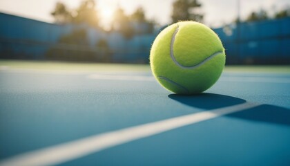 Tennis ball rests on blue tennis court