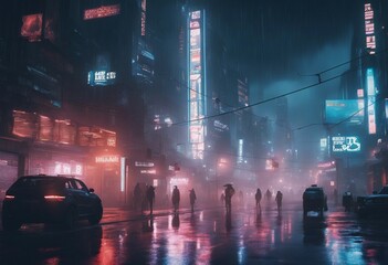 Futuristic City Streets Illustration: Dystopian Artwork at Night, 4K Wallpaper with Rain and Foggy...