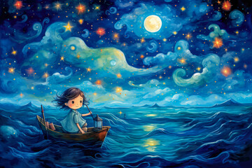 Little boy in a boat on the sea at night. Watercolor illustration.