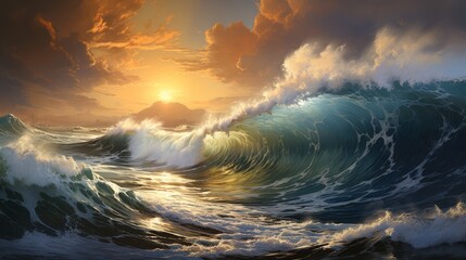sunrise in the sea and huge waves ai generated
