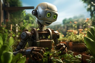 Robotic Farmer Amidst Golden Sunflowers.