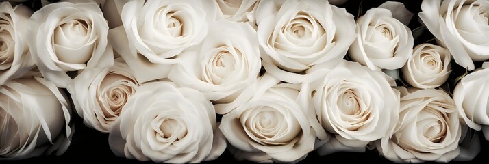 White roses in a wedding bouquet on a black background. Close-up. generative AI.