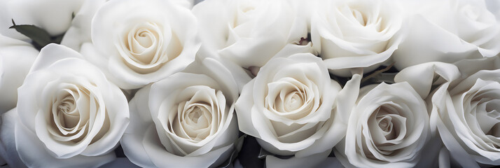 Beautiful white roses bouquet as background, close-up view. generative AI.