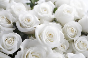 Beautiful white roses as background, closeup. Floral design. generative AI.