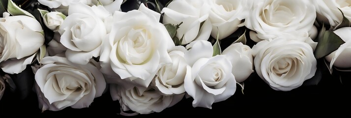 Beautiful white roses on a black background. Wedding bouquet. generative AI.