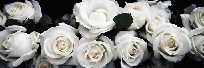 White roses in a bridal bouquet on a black background. generative AI.