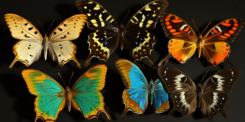 Set of colorful butterflies placed in an exhibition. Generative AI.