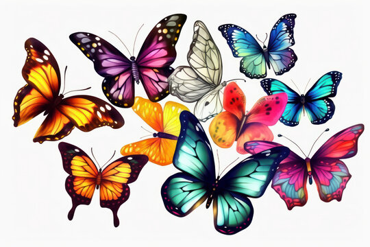 Watercolor drawing of a set of butterflies. Generative AI.
